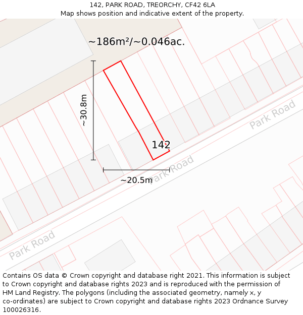142, PARK ROAD, TREORCHY, CF42 6LA: Plot and title map