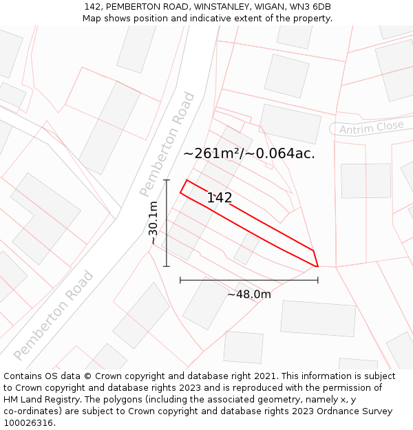 142, PEMBERTON ROAD, WINSTANLEY, WIGAN, WN3 6DB: Plot and title map