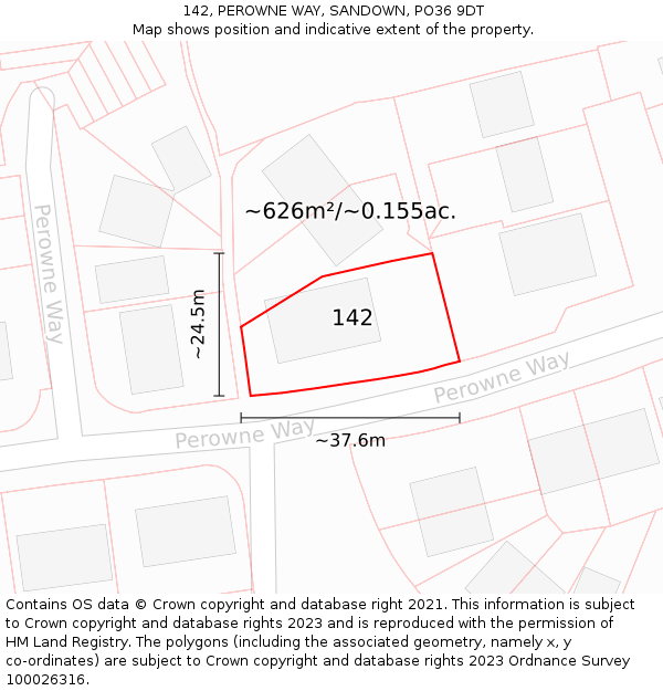 142, PEROWNE WAY, SANDOWN, PO36 9DT: Plot and title map