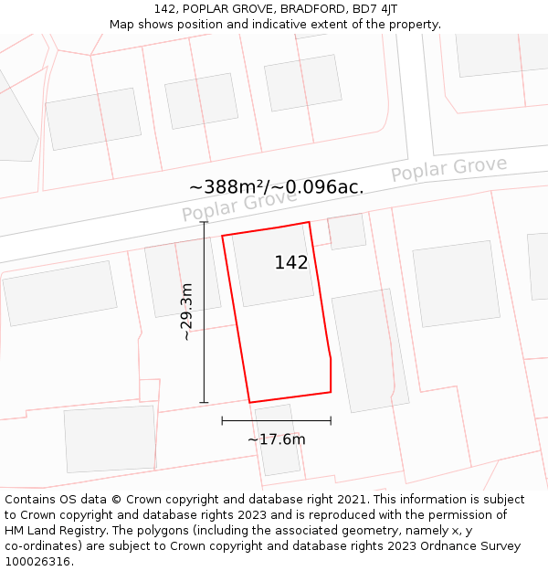 142, POPLAR GROVE, BRADFORD, BD7 4JT: Plot and title map