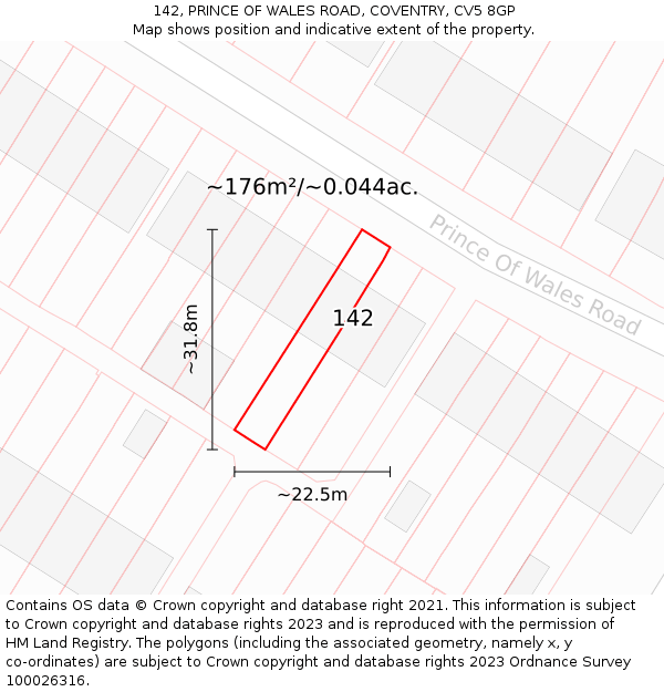 142, PRINCE OF WALES ROAD, COVENTRY, CV5 8GP: Plot and title map