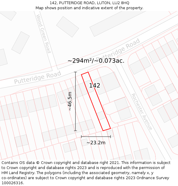 142, PUTTERIDGE ROAD, LUTON, LU2 8HQ: Plot and title map