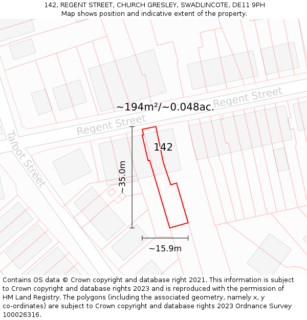 142, REGENT STREET, CHURCH GRESLEY, SWADLINCOTE, DE11 9PH: Plot and title map