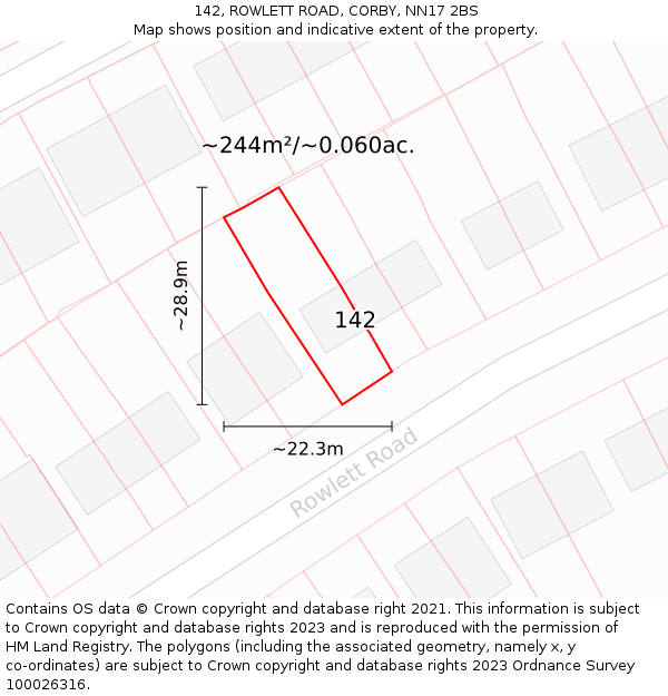 142, ROWLETT ROAD, CORBY, NN17 2BS: Plot and title map