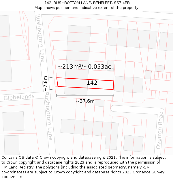 142, RUSHBOTTOM LANE, BENFLEET, SS7 4EB: Plot and title map