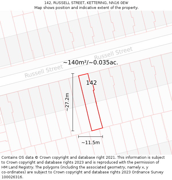 142, RUSSELL STREET, KETTERING, NN16 0EW: Plot and title map