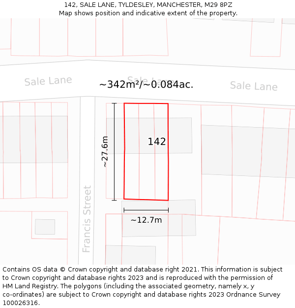 142, SALE LANE, TYLDESLEY, MANCHESTER, M29 8PZ: Plot and title map