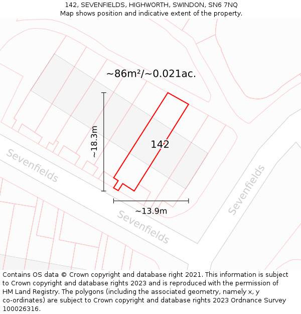 142, SEVENFIELDS, HIGHWORTH, SWINDON, SN6 7NQ: Plot and title map