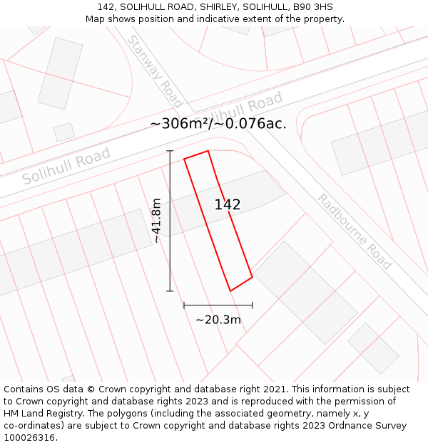 142, SOLIHULL ROAD, SHIRLEY, SOLIHULL, B90 3HS: Plot and title map