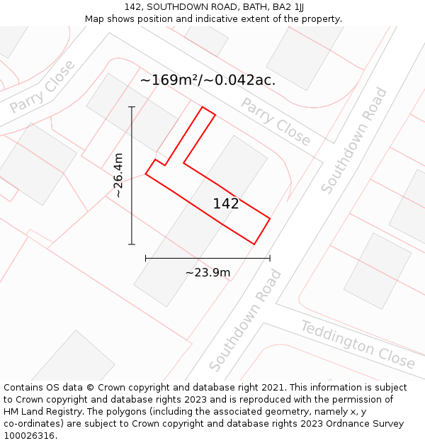 142, SOUTHDOWN ROAD, BATH, BA2 1JJ: Plot and title map