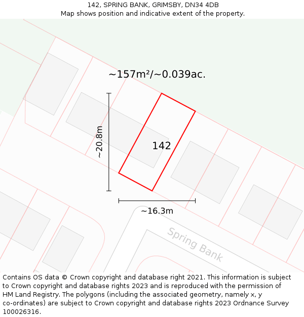 142, SPRING BANK, GRIMSBY, DN34 4DB: Plot and title map