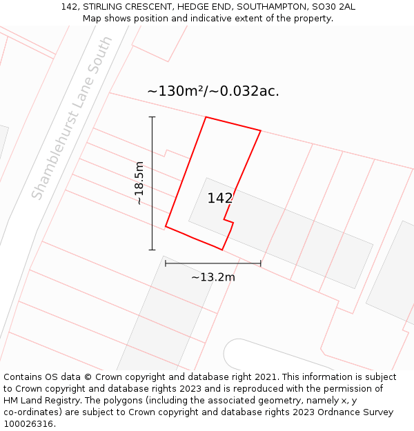 142, STIRLING CRESCENT, HEDGE END, SOUTHAMPTON, SO30 2AL: Plot and title map