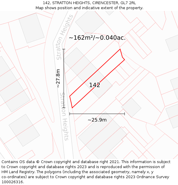 142, STRATTON HEIGHTS, CIRENCESTER, GL7 2RL: Plot and title map