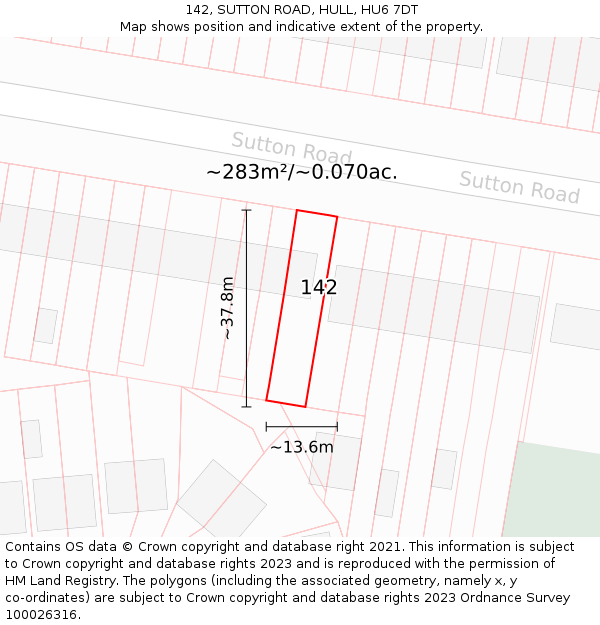 142, SUTTON ROAD, HULL, HU6 7DT: Plot and title map