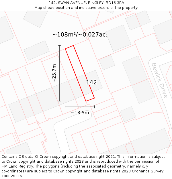 142, SWAN AVENUE, BINGLEY, BD16 3PA: Plot and title map