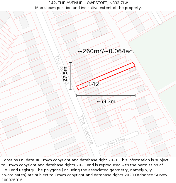 142, THE AVENUE, LOWESTOFT, NR33 7LW: Plot and title map
