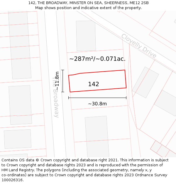 142, THE BROADWAY, MINSTER ON SEA, SHEERNESS, ME12 2SB: Plot and title map