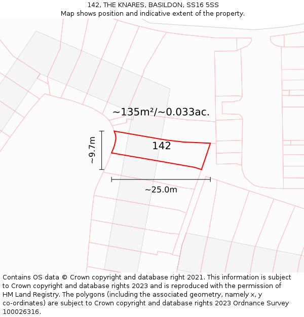 142, THE KNARES, BASILDON, SS16 5SS: Plot and title map