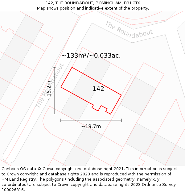 142, THE ROUNDABOUT, BIRMINGHAM, B31 2TX: Plot and title map