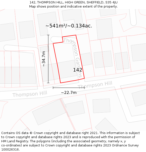 142, THOMPSON HILL, HIGH GREEN, SHEFFIELD, S35 4JU: Plot and title map