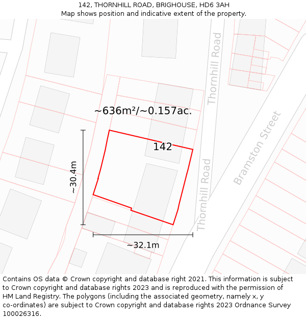 142, THORNHILL ROAD, BRIGHOUSE, HD6 3AH: Plot and title map