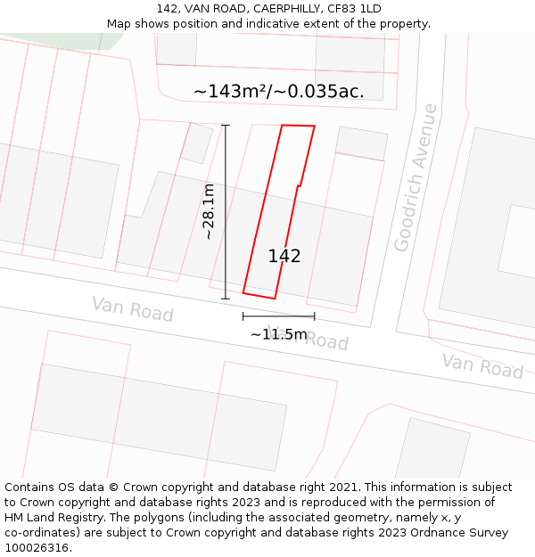142, VAN ROAD, CAERPHILLY, CF83 1LD: Plot and title map