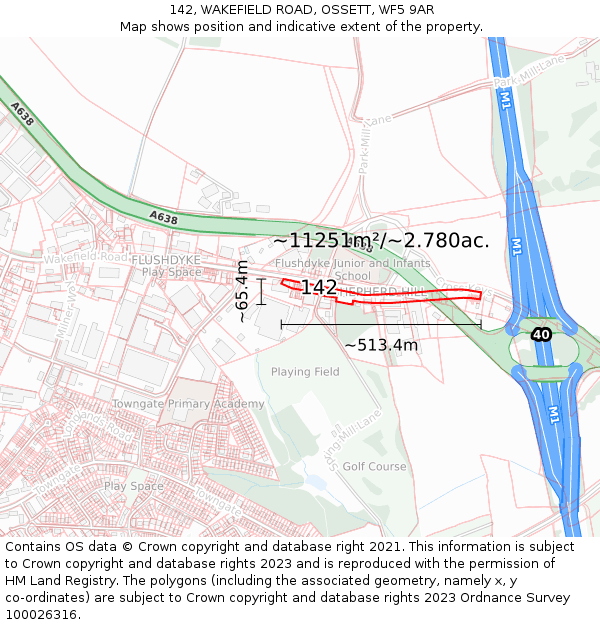 142, WAKEFIELD ROAD, OSSETT, WF5 9AR: Plot and title map