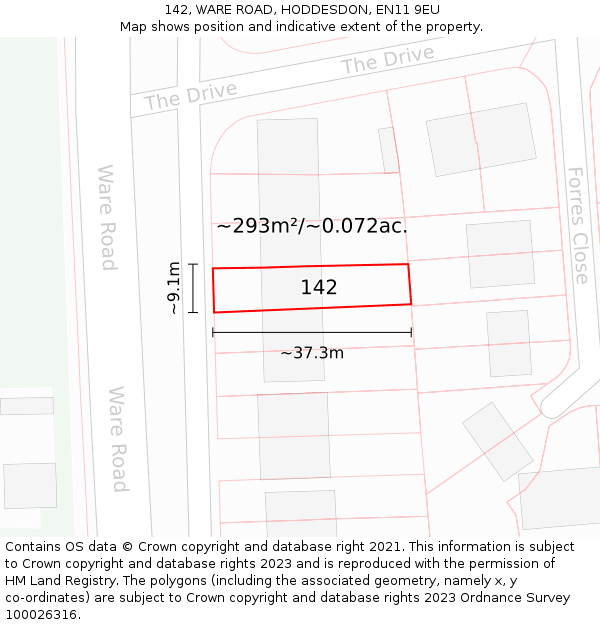 142, WARE ROAD, HODDESDON, EN11 9EU: Plot and title map