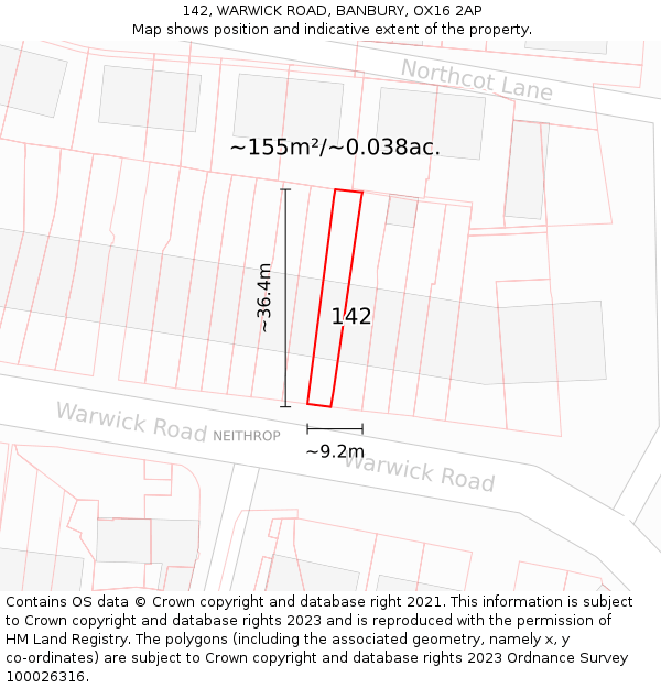 142, WARWICK ROAD, BANBURY, OX16 2AP: Plot and title map