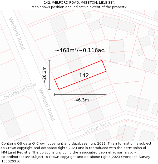142, WELFORD ROAD, WIGSTON, LE18 3SN: Plot and title map