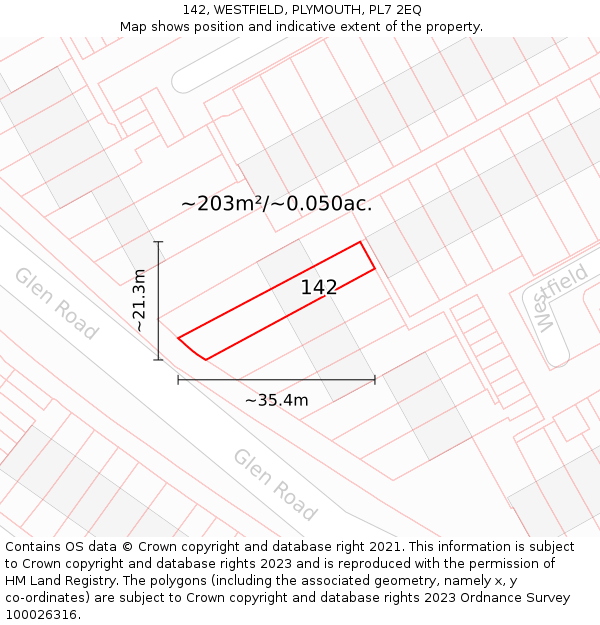 142, WESTFIELD, PLYMOUTH, PL7 2EQ: Plot and title map