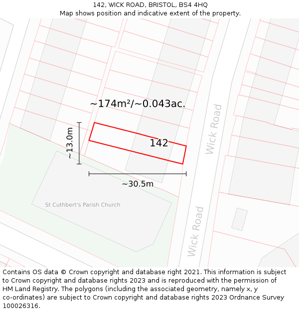 142, WICK ROAD, BRISTOL, BS4 4HQ: Plot and title map
