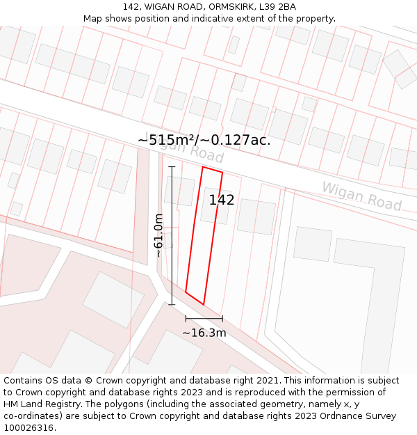 142, WIGAN ROAD, ORMSKIRK, L39 2BA: Plot and title map