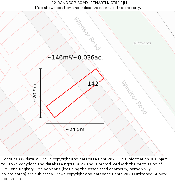 142, WINDSOR ROAD, PENARTH, CF64 1JN: Plot and title map