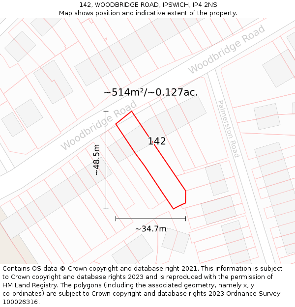 142, WOODBRIDGE ROAD, IPSWICH, IP4 2NS: Plot and title map