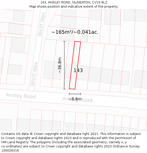 143, ANSLEY ROAD, NUNEATON, CV10 8LZ: Plot and title map