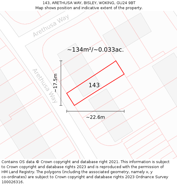 143, ARETHUSA WAY, BISLEY, WOKING, GU24 9BT: Plot and title map