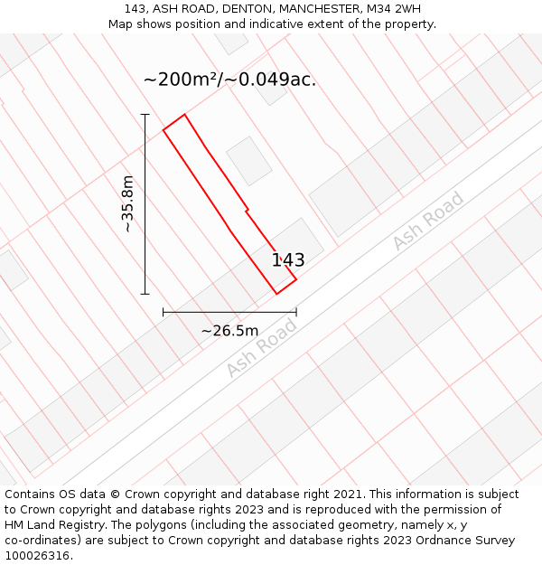 143, ASH ROAD, DENTON, MANCHESTER, M34 2WH: Plot and title map