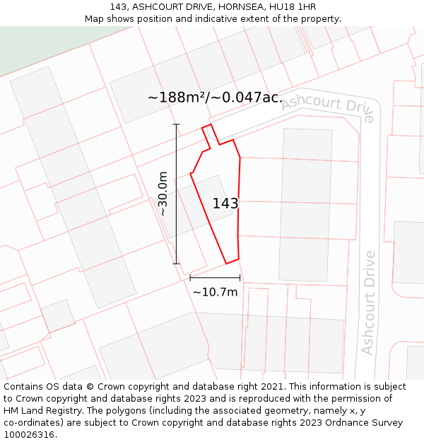 143, ASHCOURT DRIVE, HORNSEA, HU18 1HR: Plot and title map