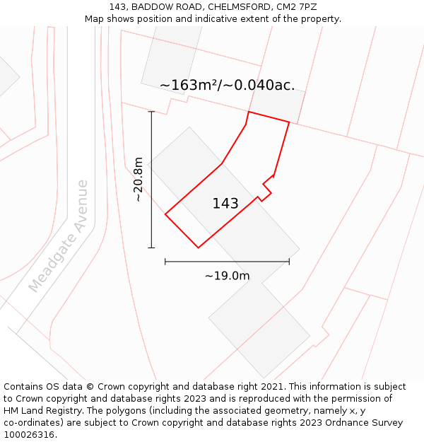 143, BADDOW ROAD, CHELMSFORD, CM2 7PZ: Plot and title map