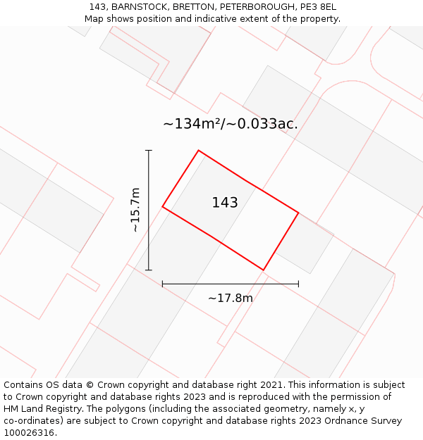 143, BARNSTOCK, BRETTON, PETERBOROUGH, PE3 8EL: Plot and title map