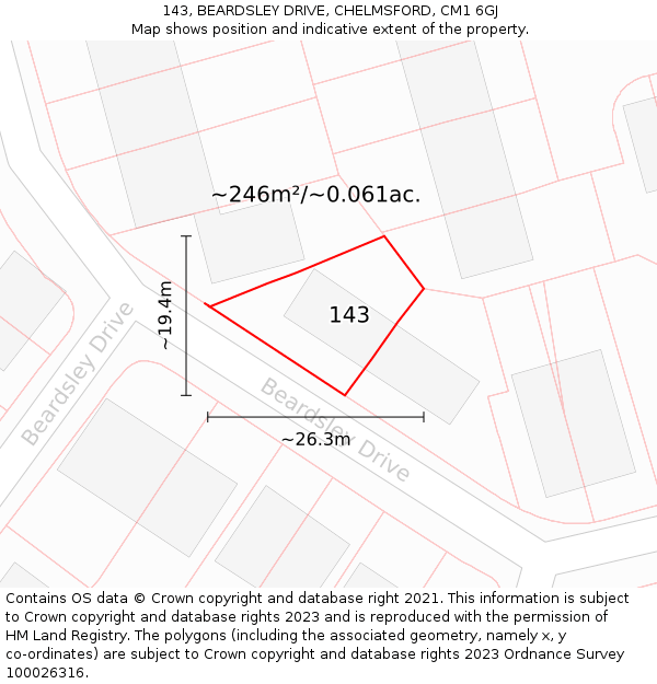 143, BEARDSLEY DRIVE, CHELMSFORD, CM1 6GJ: Plot and title map