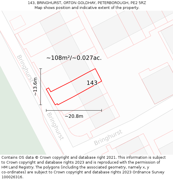 143, BRINGHURST, ORTON GOLDHAY, PETERBOROUGH, PE2 5RZ: Plot and title map