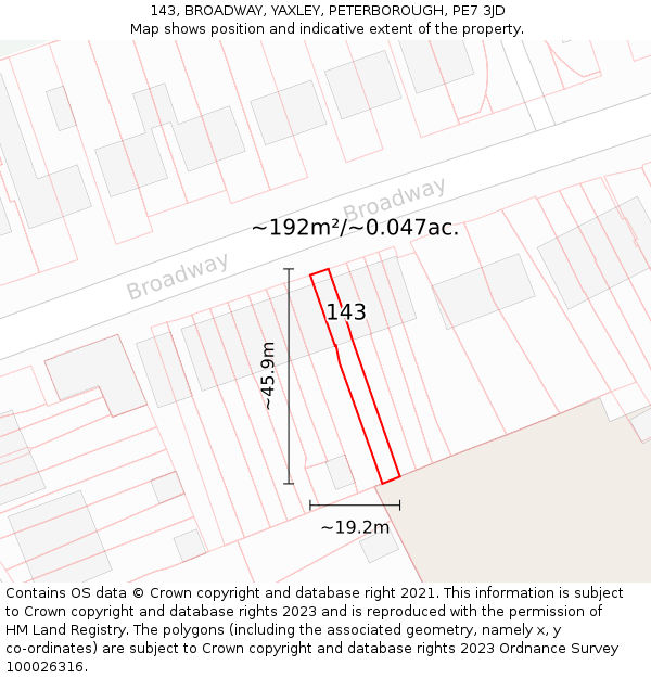 143, BROADWAY, YAXLEY, PETERBOROUGH, PE7 3JD: Plot and title map