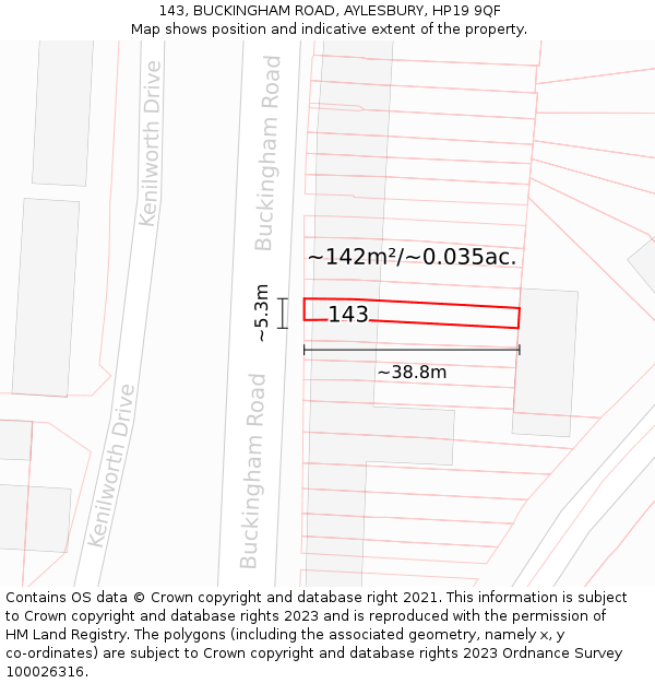 143, BUCKINGHAM ROAD, AYLESBURY, HP19 9QF: Plot and title map