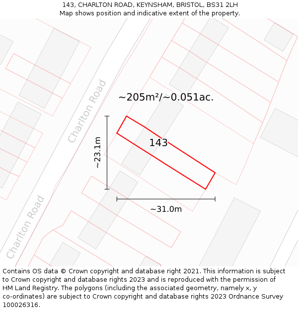 143, CHARLTON ROAD, KEYNSHAM, BRISTOL, BS31 2LH: Plot and title map