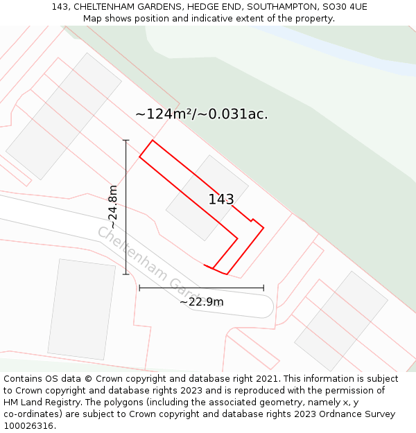 143, CHELTENHAM GARDENS, HEDGE END, SOUTHAMPTON, SO30 4UE: Plot and title map