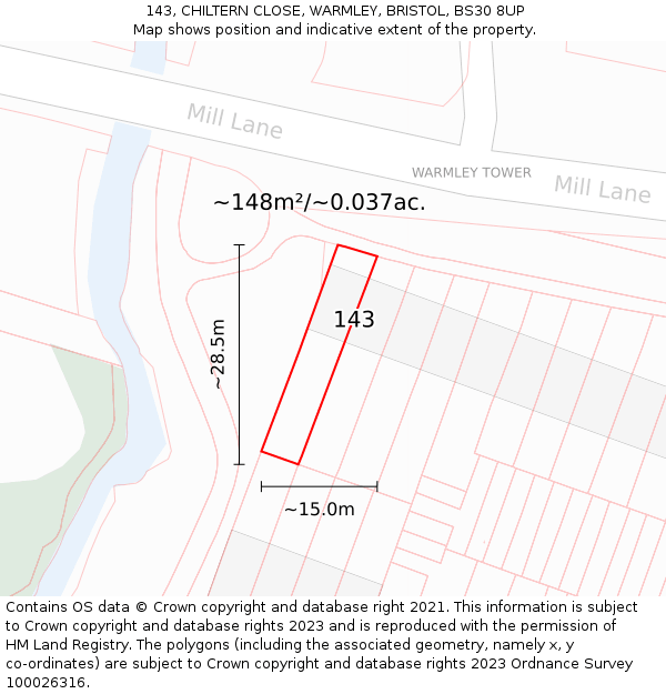 143, CHILTERN CLOSE, WARMLEY, BRISTOL, BS30 8UP: Plot and title map