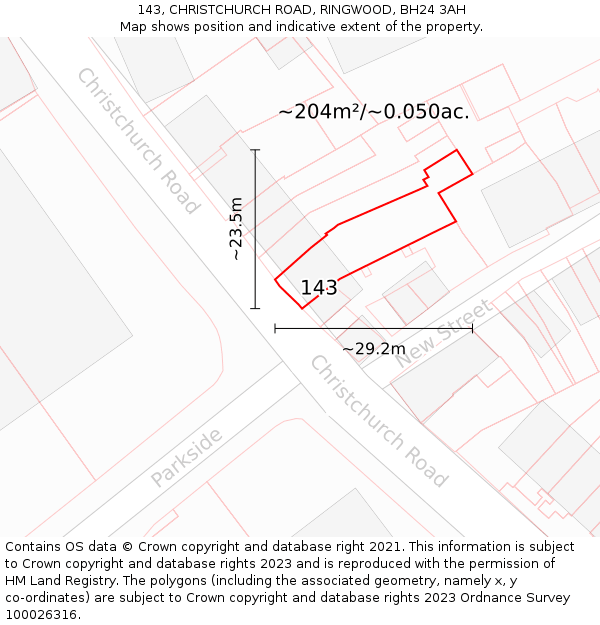 143, CHRISTCHURCH ROAD, RINGWOOD, BH24 3AH: Plot and title map