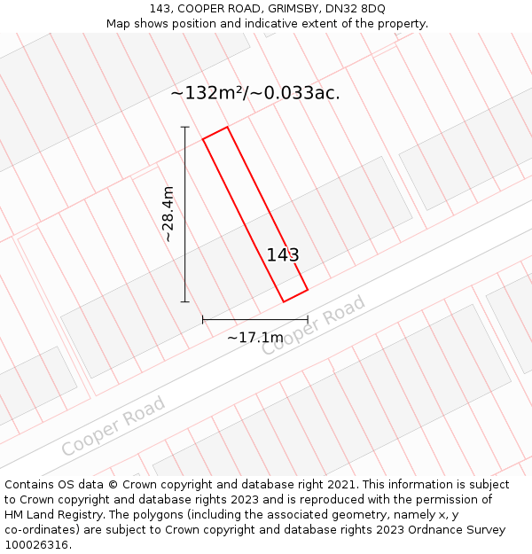 143, COOPER ROAD, GRIMSBY, DN32 8DQ: Plot and title map